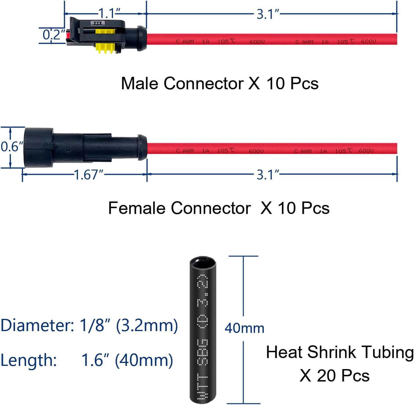 10 Kit 16 AWG 1 Pin Connector Car Waterproof Wire Connectors 1 Pin Automotive Electrical Connectors Quick Disconnect 1 Way Wire Terminal Connector Plug and Heat Shrink Tubing Kit image number 5