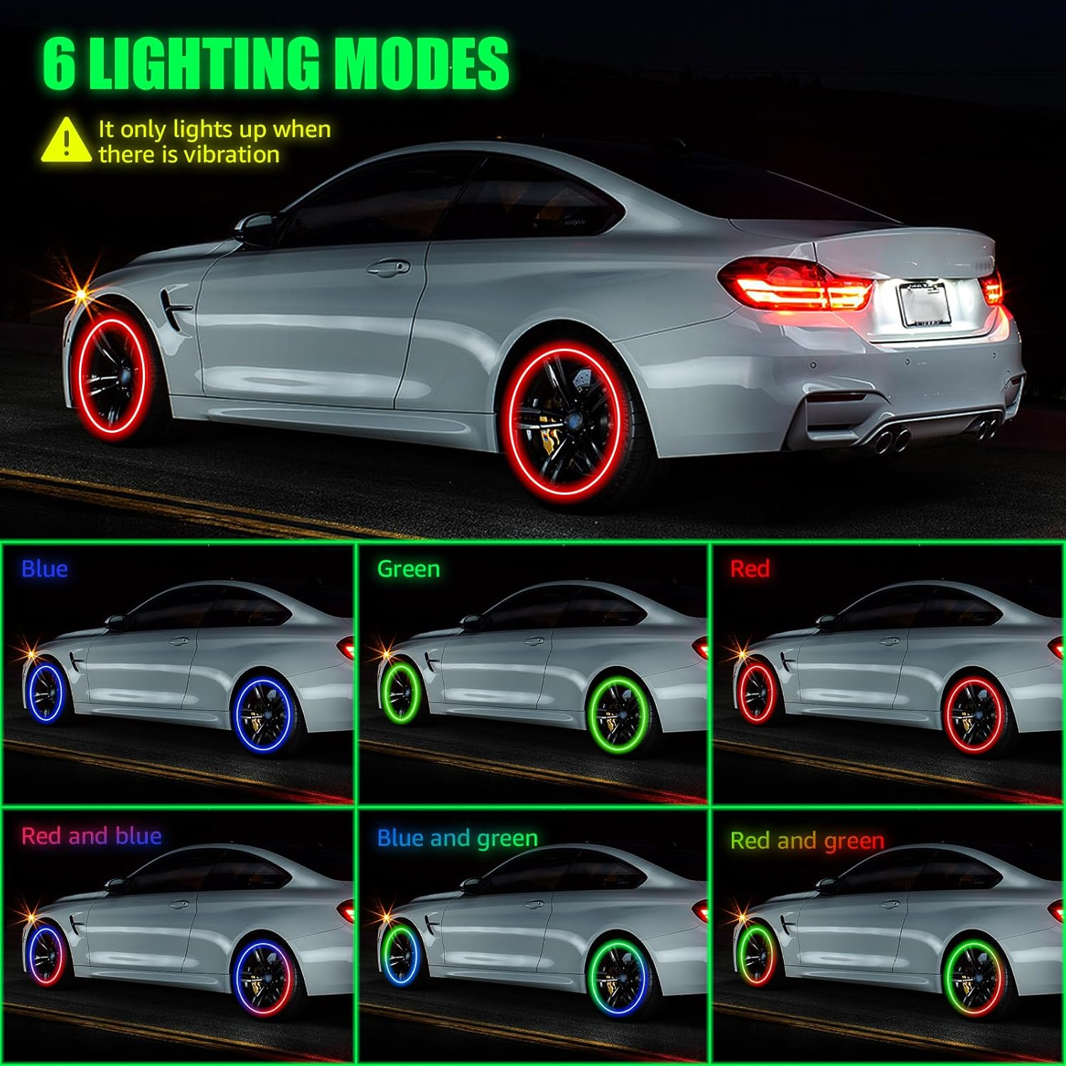 4Pcs Tire Valve Cap Lights, Glow in the Dark LED Tire Valve Lights with Motion Sensors Waterproof Colorful LED Car Wheel Lights USB Rechargeable Wheel Flashing Lamp for Car Truck Motorcycle image number 6