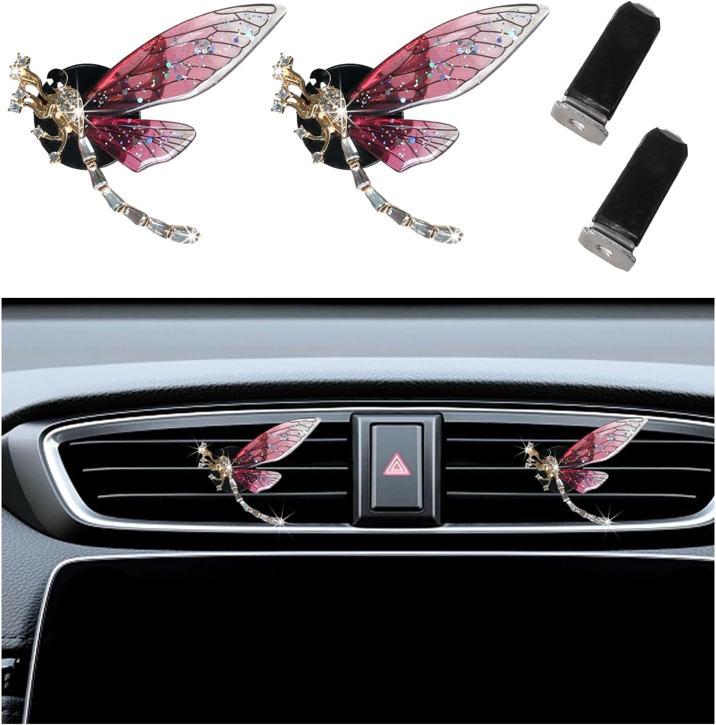 2PCS Bling Dragonfly Air Vent Clips, Cute Crystal Car Air Fresheners Vent Clips, Rhinestone Diamond Auto Diffuser Vent Clip for Women Girls, Car Interior Decor Accessories (Blue)