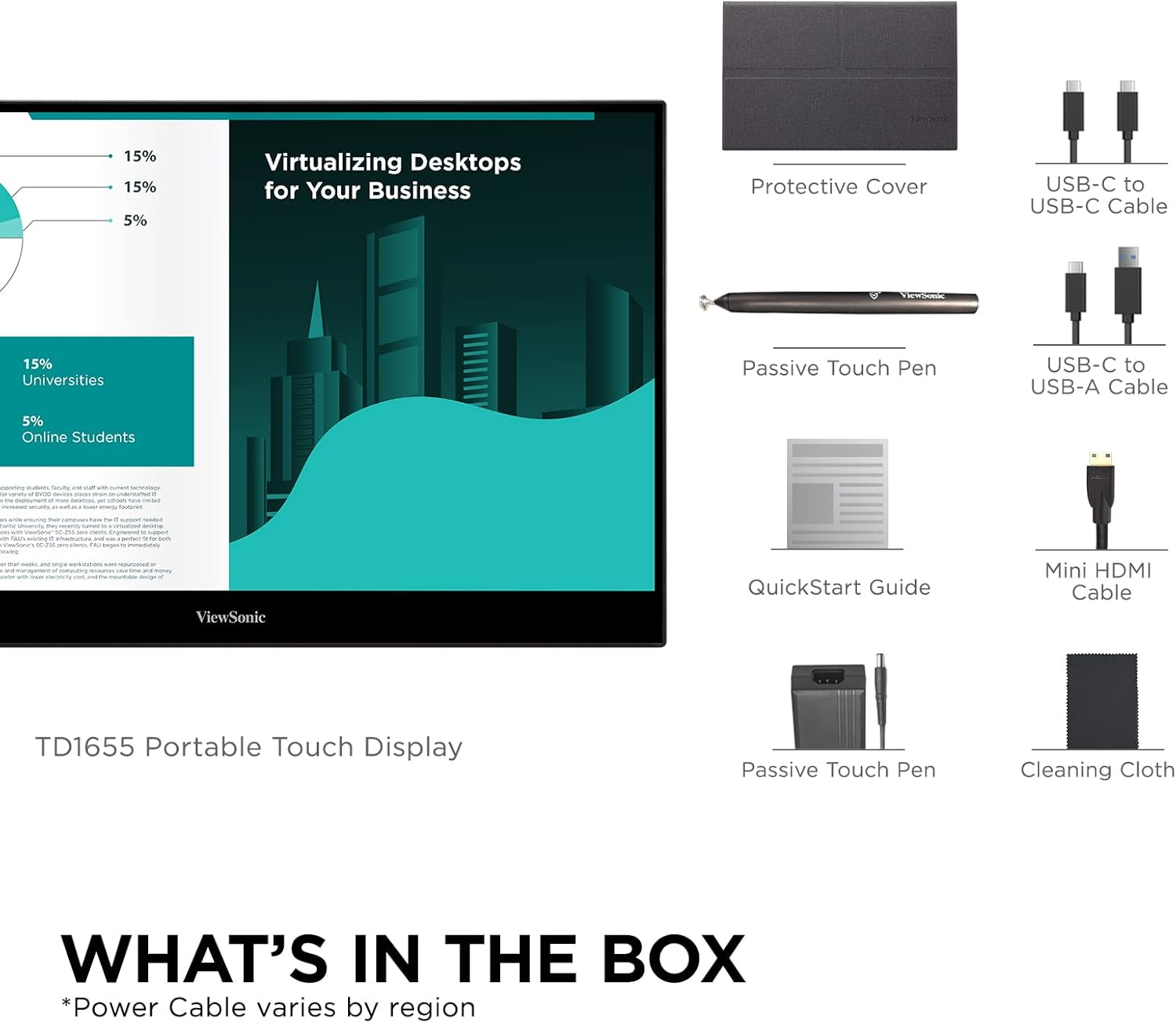 Viewsonic TD1655 15.6&rsquo;&rsquo; FHD 1080P Touch Portable Laptop Monitor, IPS, 10-Point Touch, Tilt Ergonomics, Lightweight, Dual USB-C One-Cable Solution, Eye Care, Dual Speakers, Lightweight, External Screen image number 4