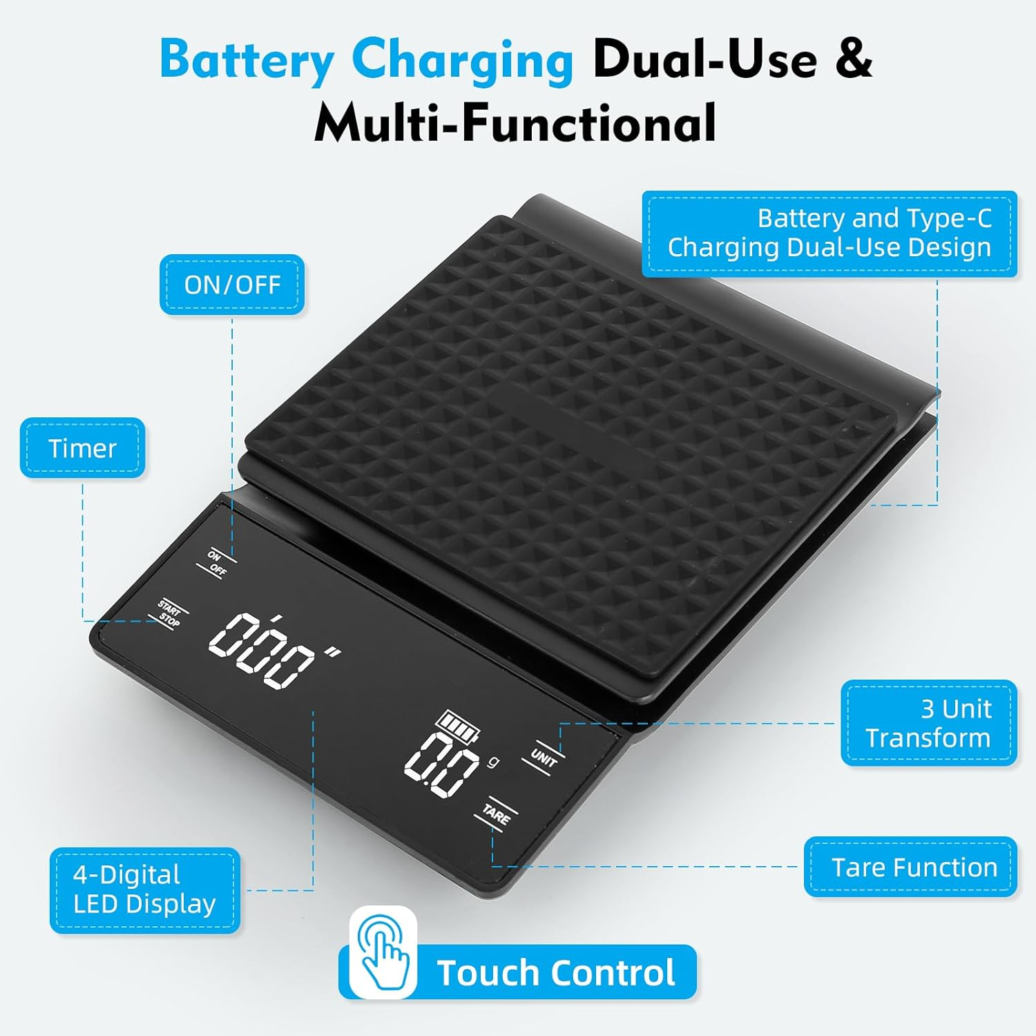 Coffee Scale with Timer, 0.1G Precision Espresso/Food Weight Scale up to 3Kg, Kitchen Scales with LED Display Tare Function Touch Control with Insulation Pad Rechargeable image number 2