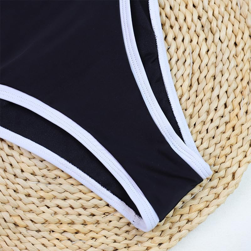 Punki Women Modest Swimsuit One Piece Bathing Suits Scallop Trim Full Coverage Swimwear Cut Out Back 1 Piece Swimming