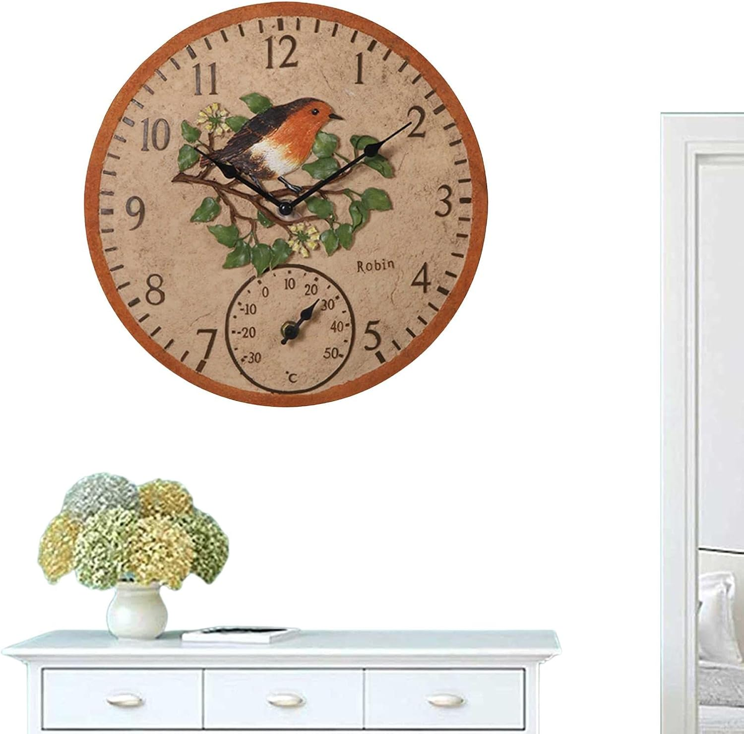 Wall Clock Thermometer | Wall Clock Thermometer Clock - Thermometer with Clock, Battery Operated round Clock Wall Decorative for Patio Garden image number 6