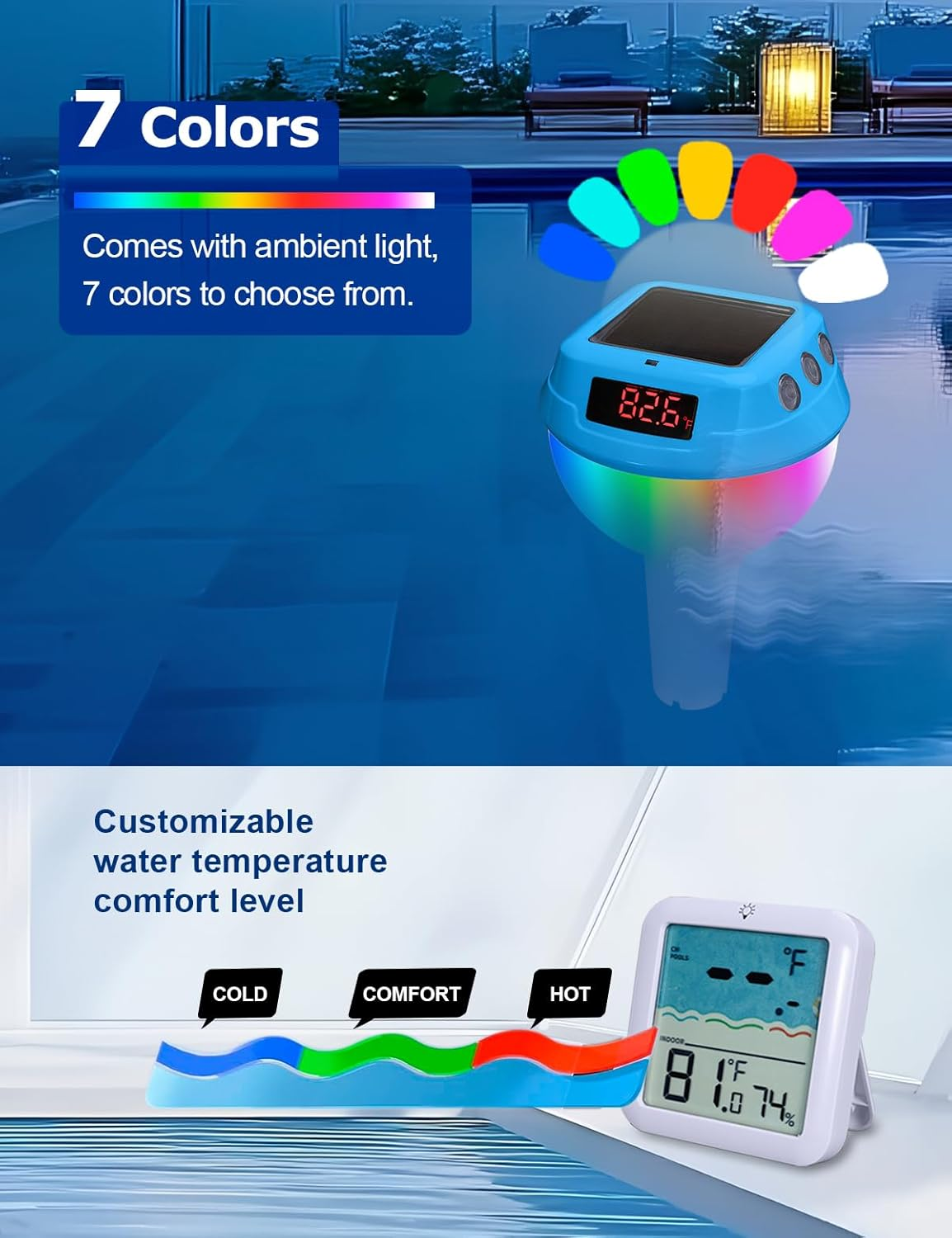 Solar Pool Thermometer Indoor Outdoor Temperature Humidity Monitor, Pool Light, Temperature Humidity Alarms, for Swimming Pools, Hot Springs, Hot Tubs, Baby Baths, Small Ponds