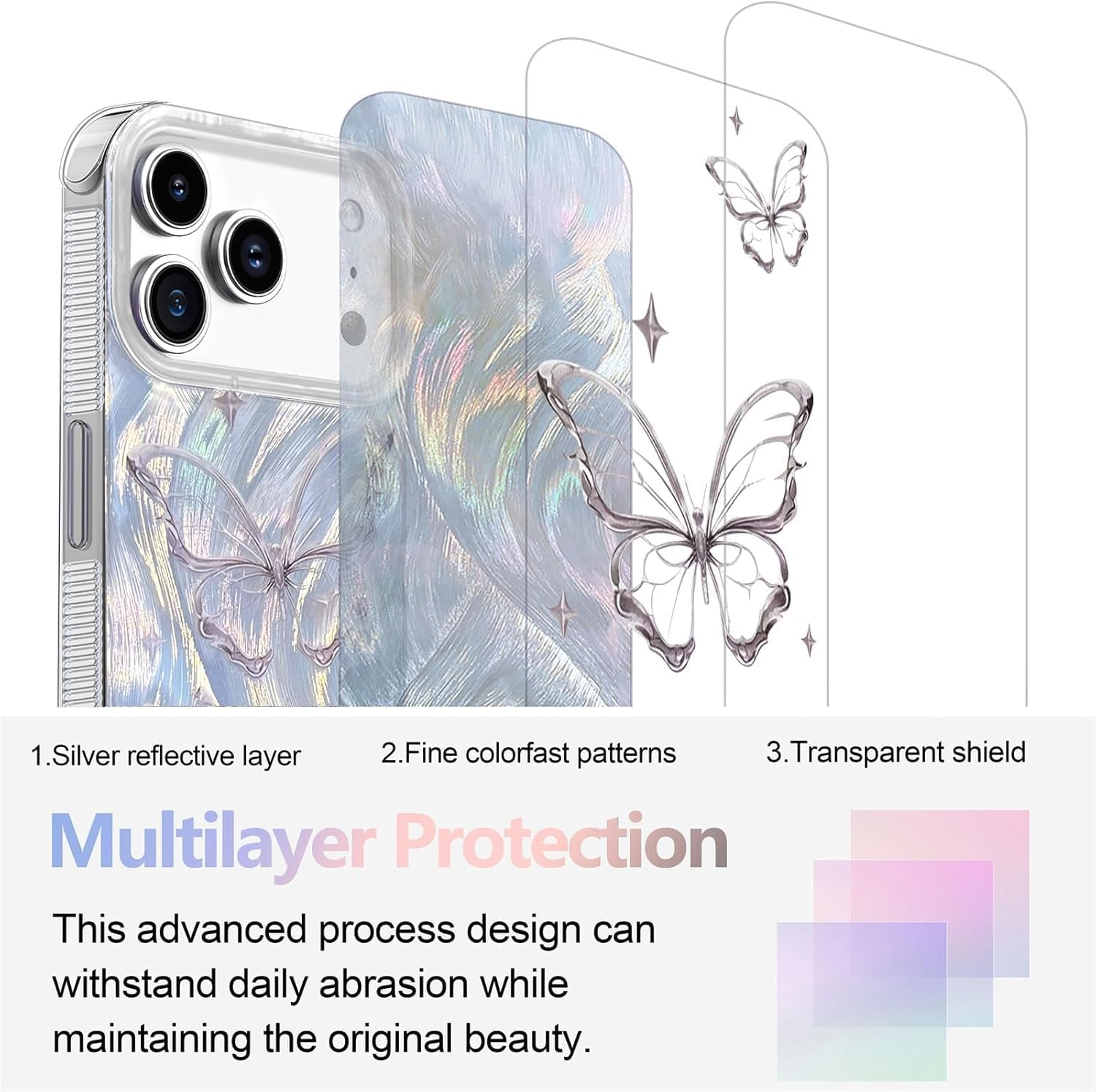 ELEPIK Shiny Fade Series for Iphone 17 Pro Max Case, [Unique Laser Design] Glitter Cute Fade Pattern Slim Soft TPU Protective Women Girl'S Phone Cover, Silver Butterfly image number 6
