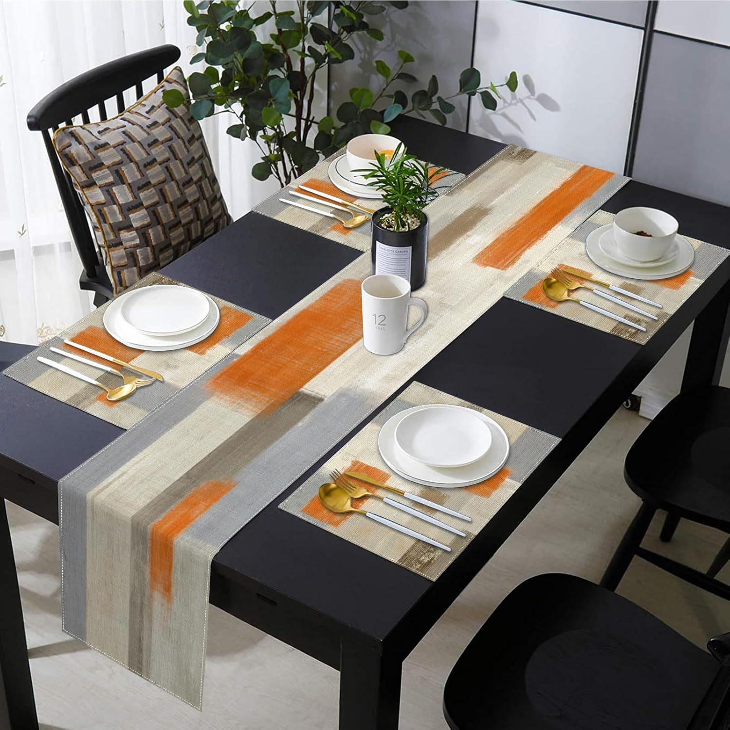 Emvency Farmhouse Table Runner and Placemats Set of 6, Cotton-Linen Modern Orange and White Painting Art Dining Table Decor for Daily Use(1 Table Runner 72Inches Long and 6 Placemats) image number 1