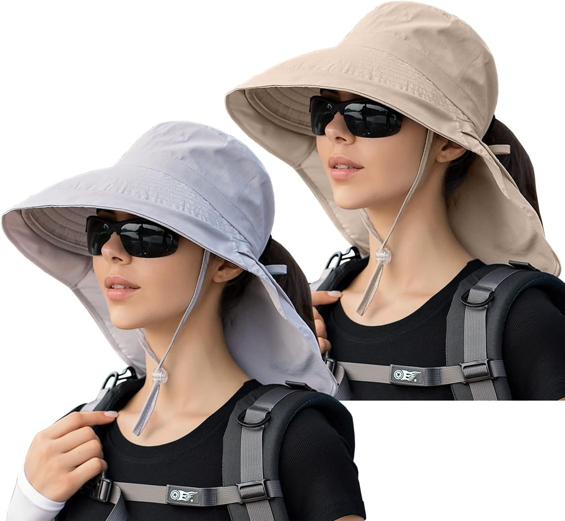 29 IYEBRAO Pack of 2 Women'S Sun Hats with Neck Protection UV Protection Wide Brim Ponytail Summer Hat UPF 50 Adjustable Beach Fishing Hat Garden Outdoor Hat - Pack Of 2 Black And Light Grey image number 2