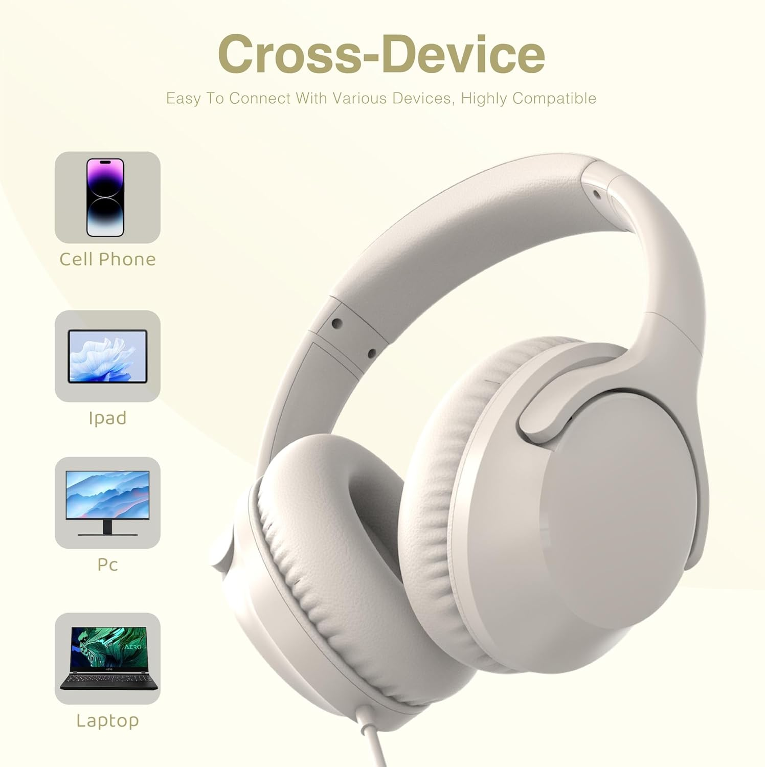 MIDOLA Wired Headphones Over-Ear Hi-Fi Sound with Microphone Adjustable Foldable, 1.5M Cord & 3.5Mm Jack, Lightweight Headset for Kids Adults PC Ipad Laptop Milk White image number 3