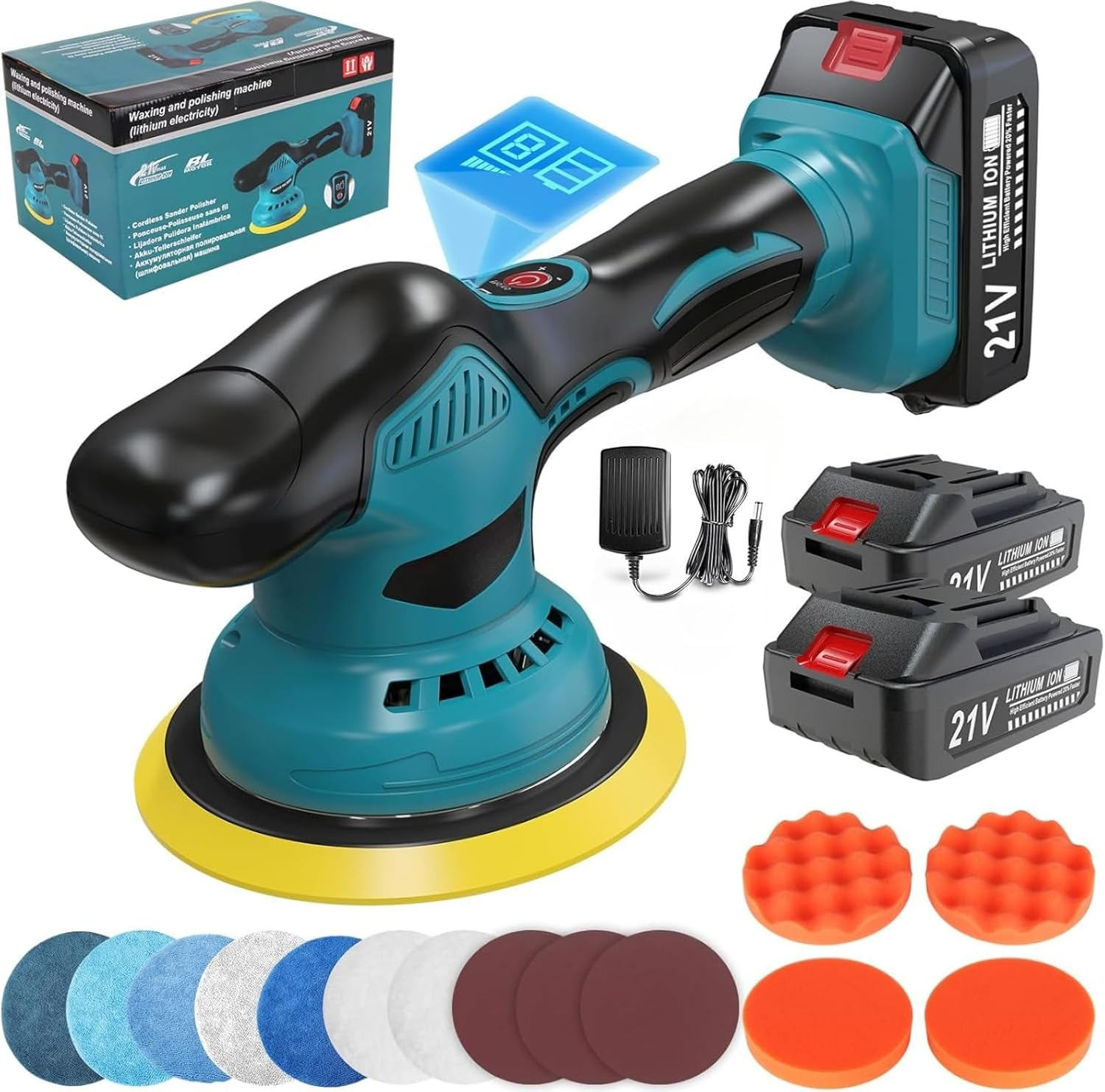 Cordless Car Buffer Polisher Machine Kit with 2PCS 21V 2.6Ah Rechargeable Batteries, 8 Variable Speed 2800-5500RPM, Portable Polishing Waxer for Detailing/Waxing image number 3