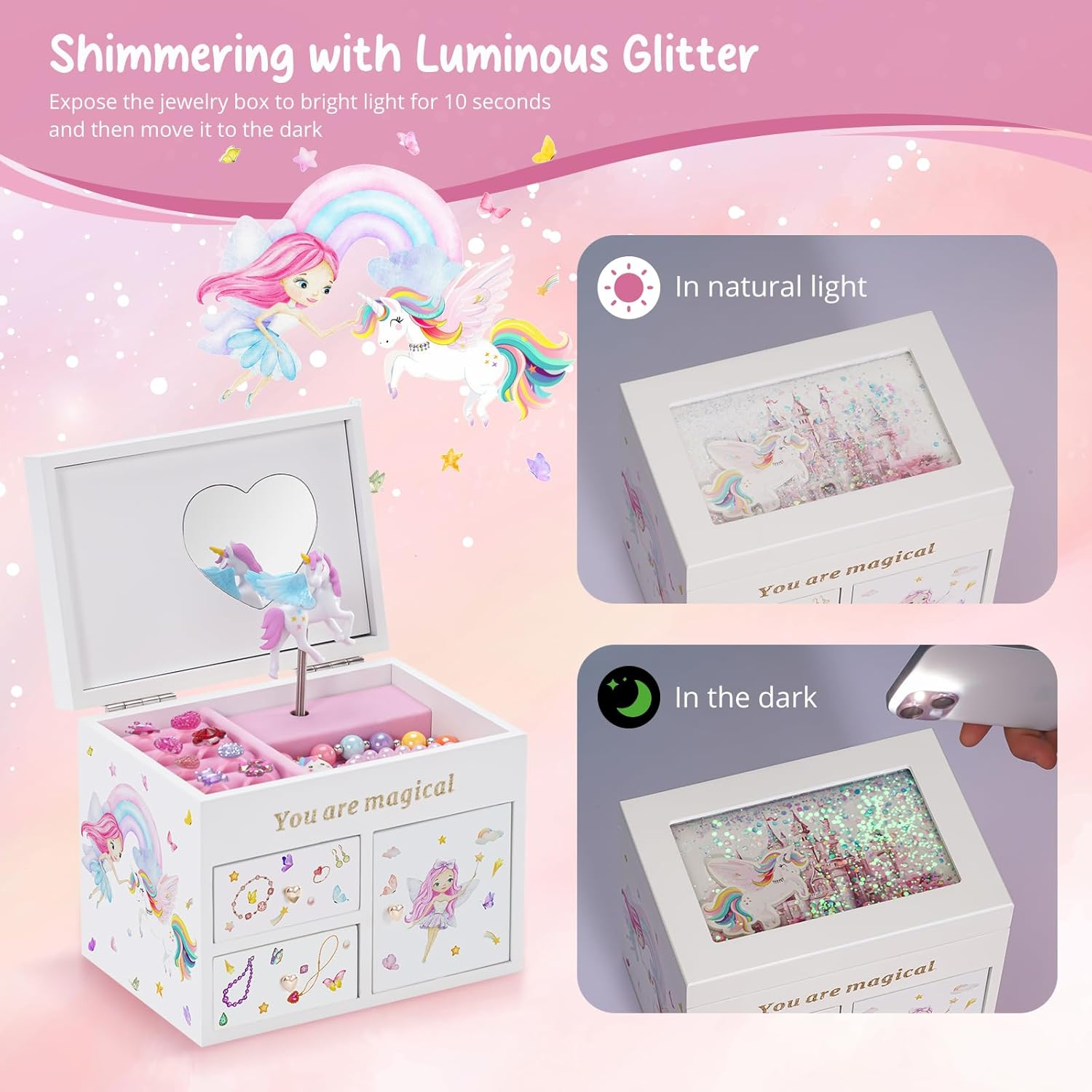 Lolalet Unicorn Jewelry Box for Girls, Wooden Musical Children'S Jewelry Organizer, for Kids Toddler Age 2 3 4 5 6 7 8 9 on Birthday -White