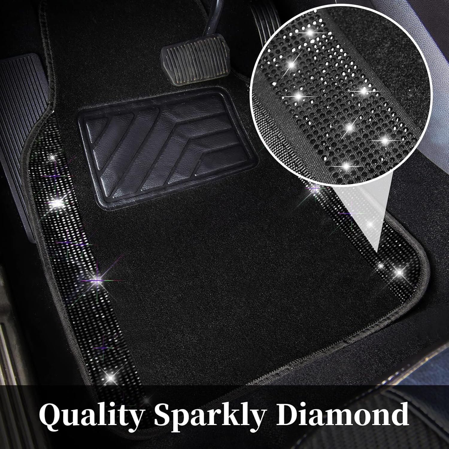 Bling Diamond Car Floor Mats Full Set, 4 Pack Sparkle Glitter Diamond Carpet with Anti-Slip Heel Pad, Waterproof Shining Rhinestone Automotive Mat Universal Fit Sedans,Suv,Vans,Trucks (Black Diamond) image number 2