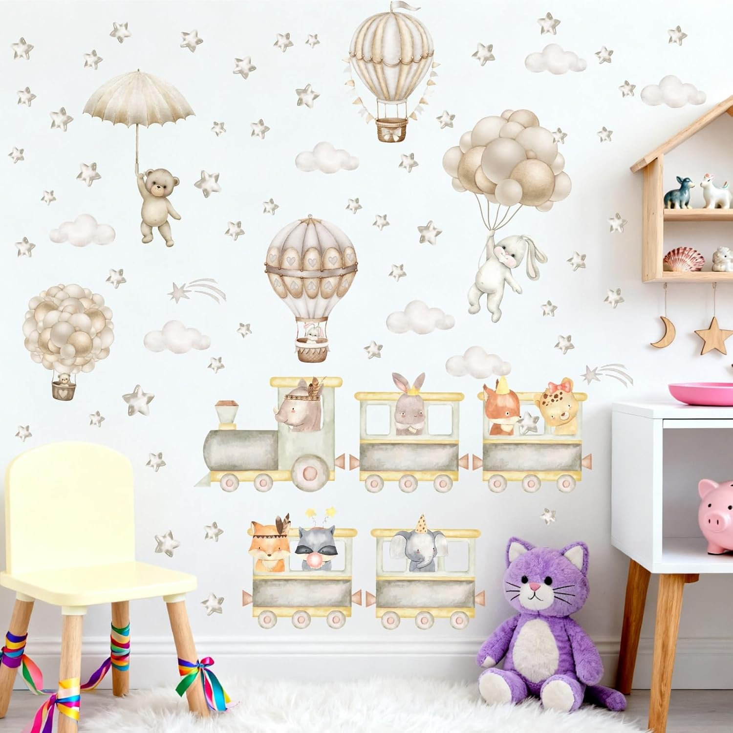 Vintage Airplane Wall Decals Cartoon Aircraft Balloon Animal Wall Stickers Moon Star Cloud Fabric Wall Stickers Cute Helicopter Watercolor Plane Wall Decals for Boys Room Kids Bedroom Nursery Decor