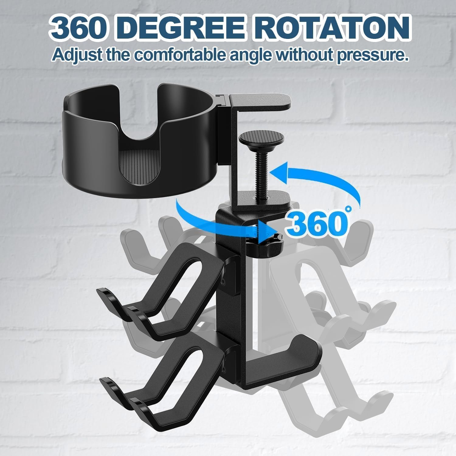 4 in 1 Desk Cup Holder with Headphone Hanger and Controller Stand, 360&deg; Swivel under Table Clip Controller Holder, Universal Adjustable Rotating Upgraded Arm Clamp for Coffee Mugs, Bottles, Headphones