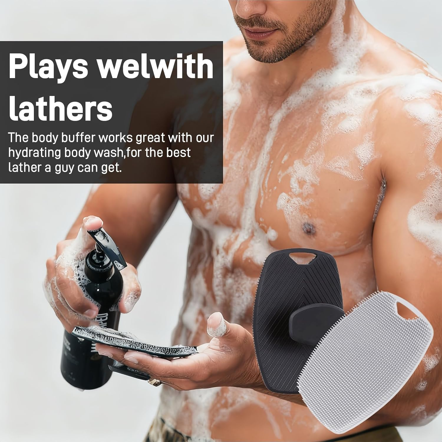 2 Packs Silicone Body Scrubber for Men, Premium Loofah Alternative with Lather Boosting Bristles, Ergonomic No-Slip Handle for Deep Cleaning, Exfoliating(Black ＋Gray) image number 1