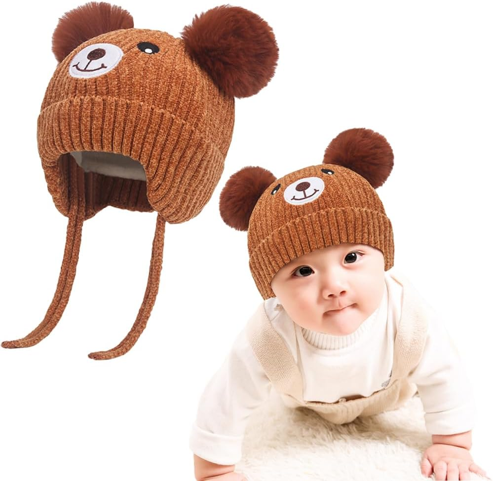 Cute Bear Kids Winter Fleece Lined Knitted Hat with Ear Flaps Dual Pom-Pom Chenille Furry Beanie Earflap Warm Beanie Hat with Strap Cold Weather Warm Hat for 1-5 Y Infant Toddler Boys Girls