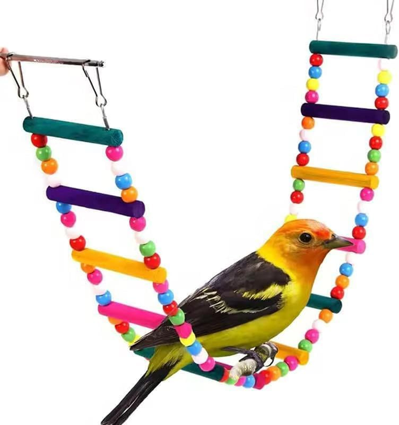 Colorful 12-Step Wooden Bird Climbing Bridge, 1Pc Wooden Rainbow Parrots Ladder, Wood Bird Pet Climbing Ladders, Parrot 12 Step Ladders Rainbow Bridge Chewing Hanging Standing Toy image number 5