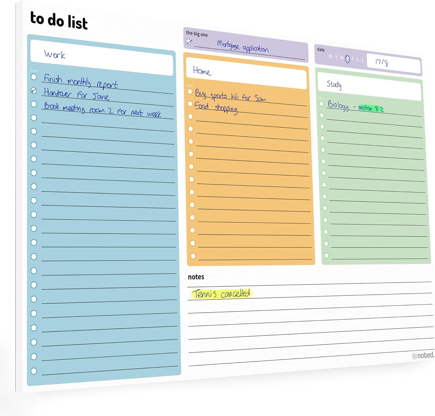 Noted A4 to Do List Pad &ndash; 52 Sheet Daily Todo Planner &ndash; 3 Section Undated Desk Organiser by &ndash; 29X21Cm - for Work Tasks, Study Revision and Home Planning &ndash; Colourful 100Gsm Paper image number 3