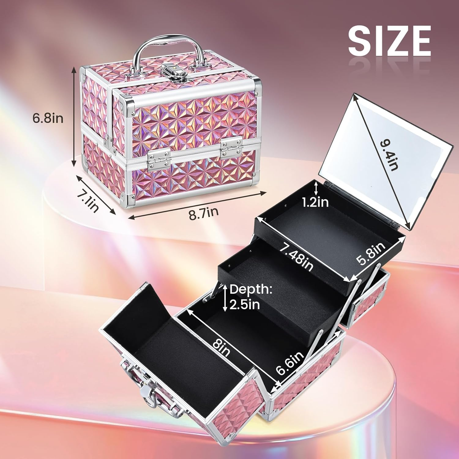 Makeup Case with Lighted Mirror Travel Makeup Organizer Box Portable Lockable 2 Trays Cosmetic Train Case with LED Mirror for Girls Make up Nail Kits Sewing Vanity Storage Case, Shiny Pink image number 5