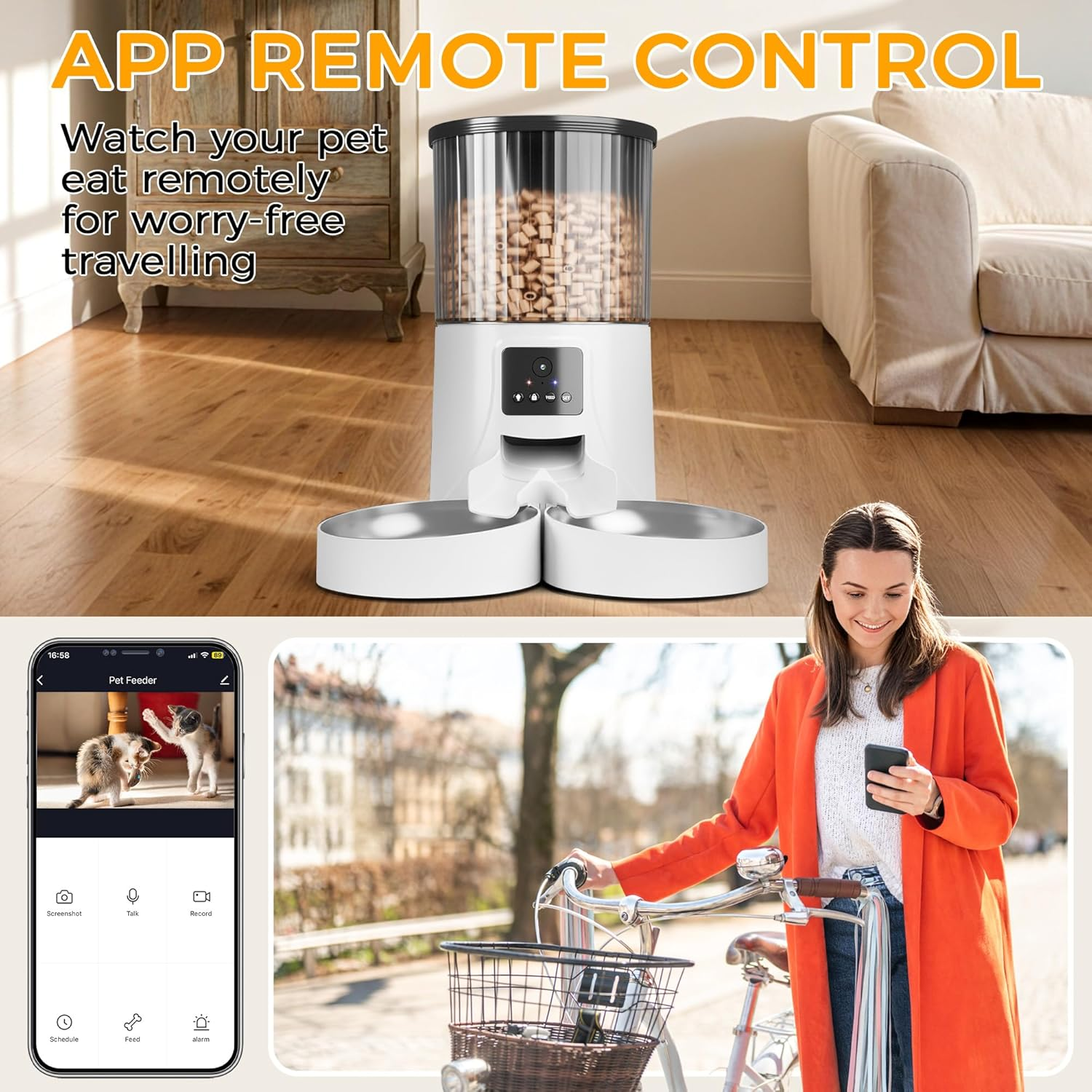 Advwin Automatic Cat Feeder with HD Camera for 2 Cats: 4L Automatic Dog Feeder with Night Vision, 2.4G Wifi Auto Cat Food Dispenser for Multiple Pet, Detachable for Cleaning image number 4