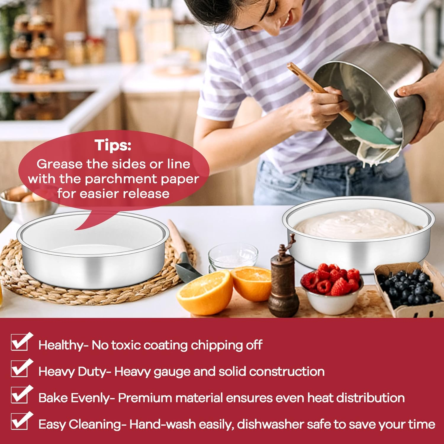 Haware 8 Inch Cake Tin, Stainless Steel round Baking Pan Set of 2, Birthday Wedding Layer Cake Tin for Baking Roasting Serving, Healthy & Non-Toxic, Mirror Polished & Dishwasher Safe (20Cm) image number 4