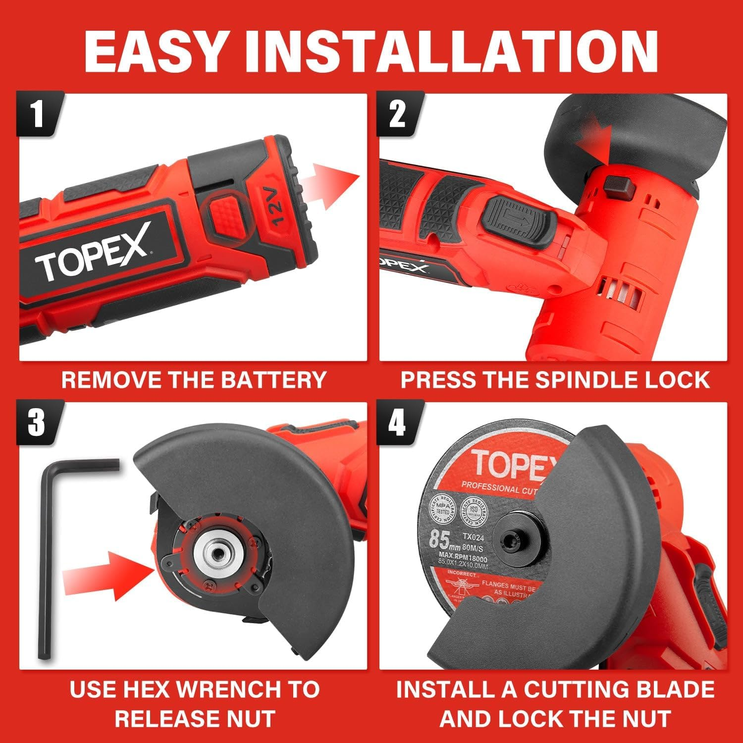 TOPEX 12V Cordless Angle Grinder Kit for Metal and Wood W/Lithium-Ion Battery&Charger