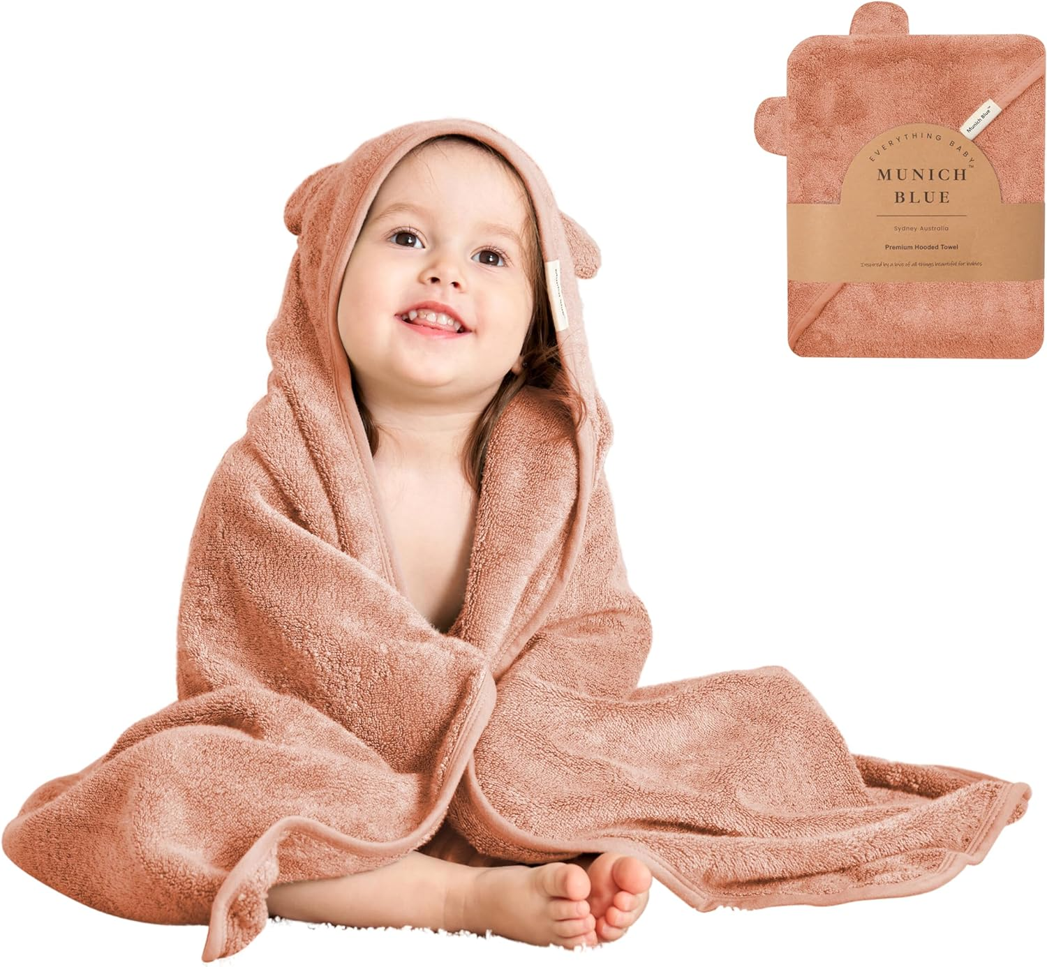 Munich Blue Hooded Bath Towel for Newborn and Toddler Girls and Boys - Soft and Cozy Baby Towel with Cute Bear Ears (Oat Color, 600GSM, 90X90Cm)