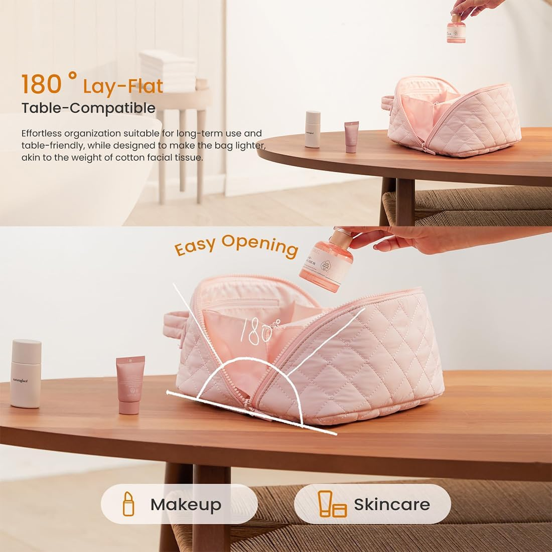 Petition Makeup Bag for Woman, Travel Makeup Bag, 180&deg; Wide Open Lay-Flat Water-Resistant Cosmetic Case, Spacious 180&deg; Open Cosmetic Organizer, Pouch Open Flat Small Toiletry Bag (Green) image number 6