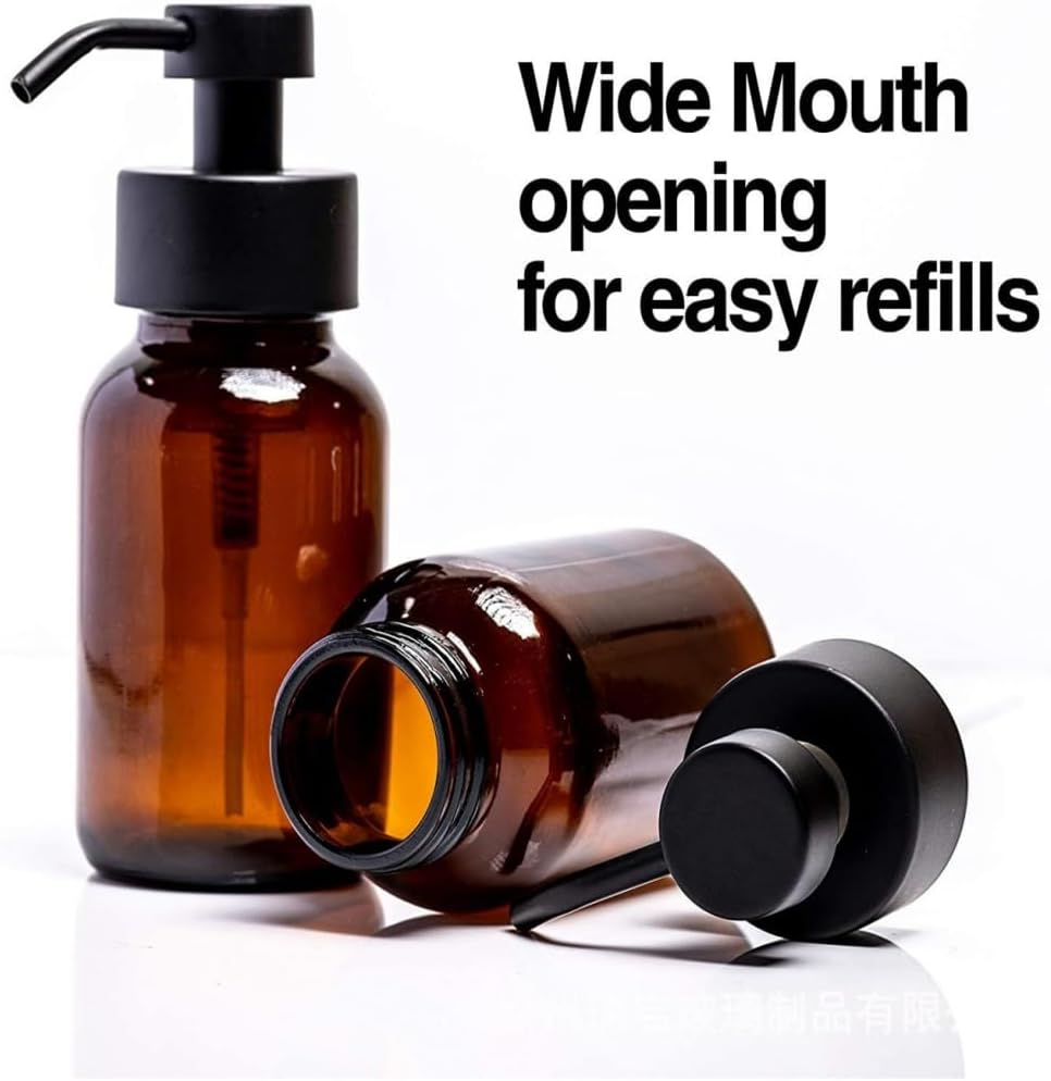 HIDOSNG Foaming Soap Dispenser, 2 Pack Amber Glass Foam Soap Dispenser for Bathroom & Kitchen, Modern Refillable Foaming Hand Soap Dispenser, Foam Pump Bottle with Waterproof Labels 8.5 Oz