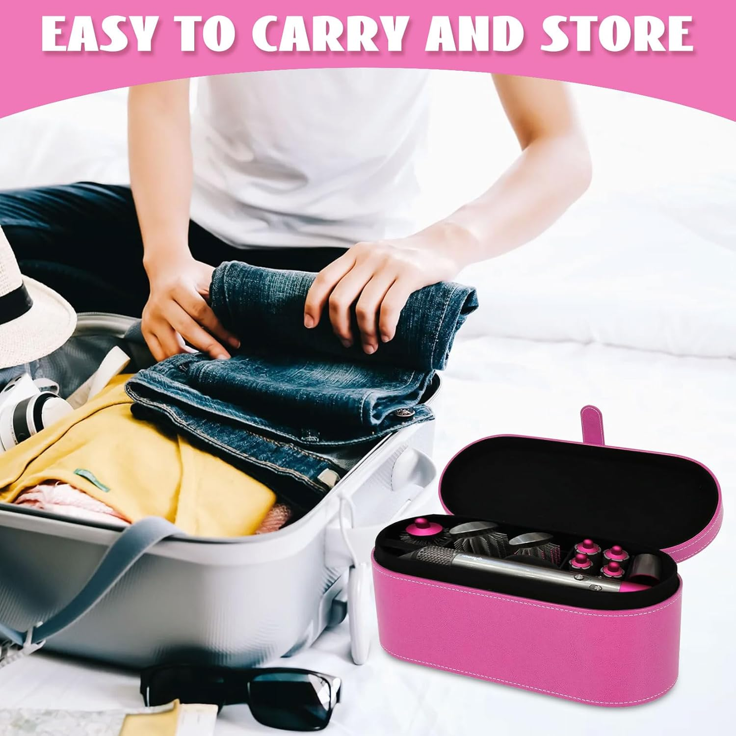 Hair Dryer Storage Bag, Portable Travel Bag for Hair Dryer, PU Leather, Hard Box, Storage Box for Dyson Supersonic Hair Dryer (Rose Red) image number 6