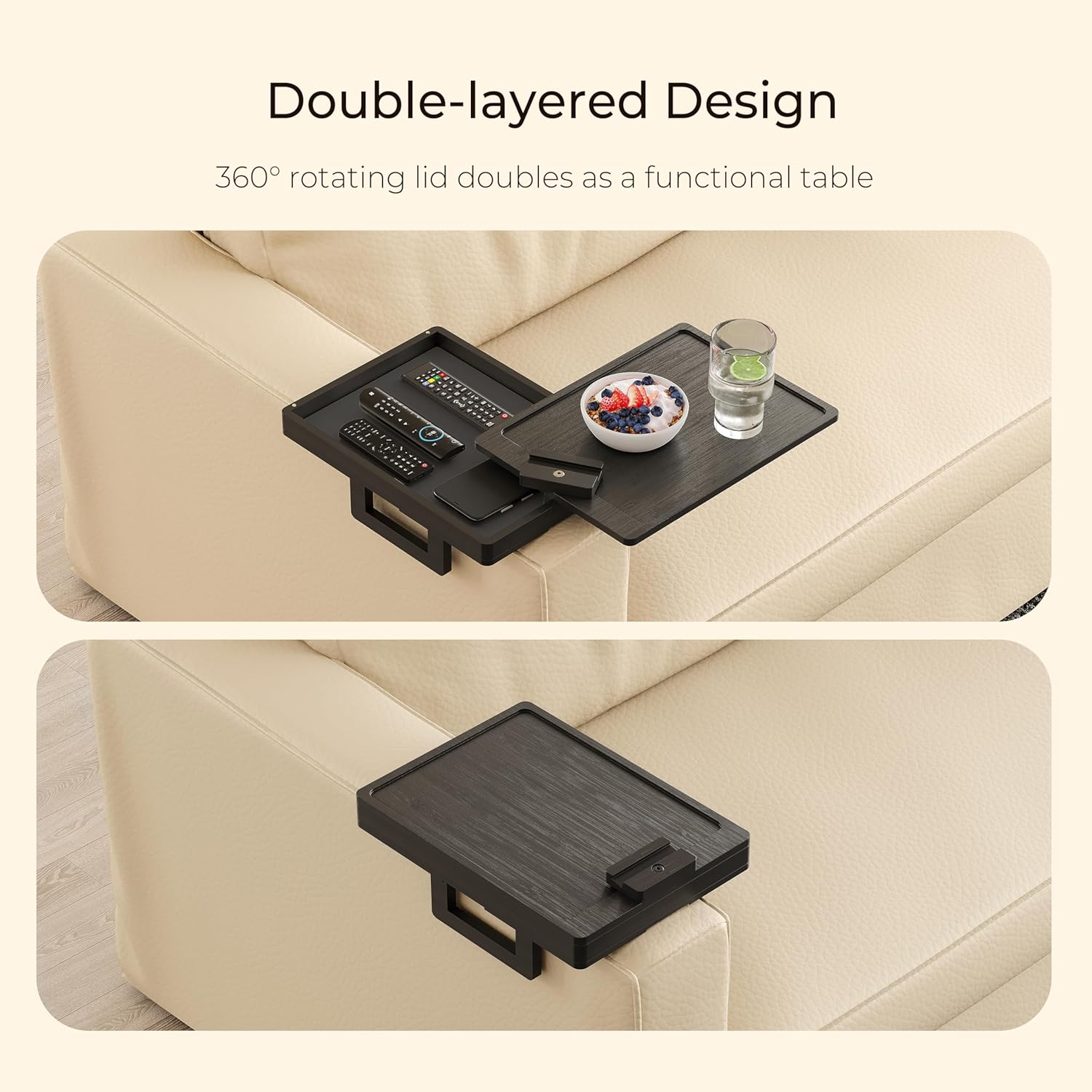 Wealone Black Couch Arm Tray for Wide Couch, Bamboo Sofa Arm Clip Table with Storage Box, Couch Armrest Tray with 360&deg;Rotating Phone Holder, Sofa Arm Table Clip for Eating, Drinks or Dining