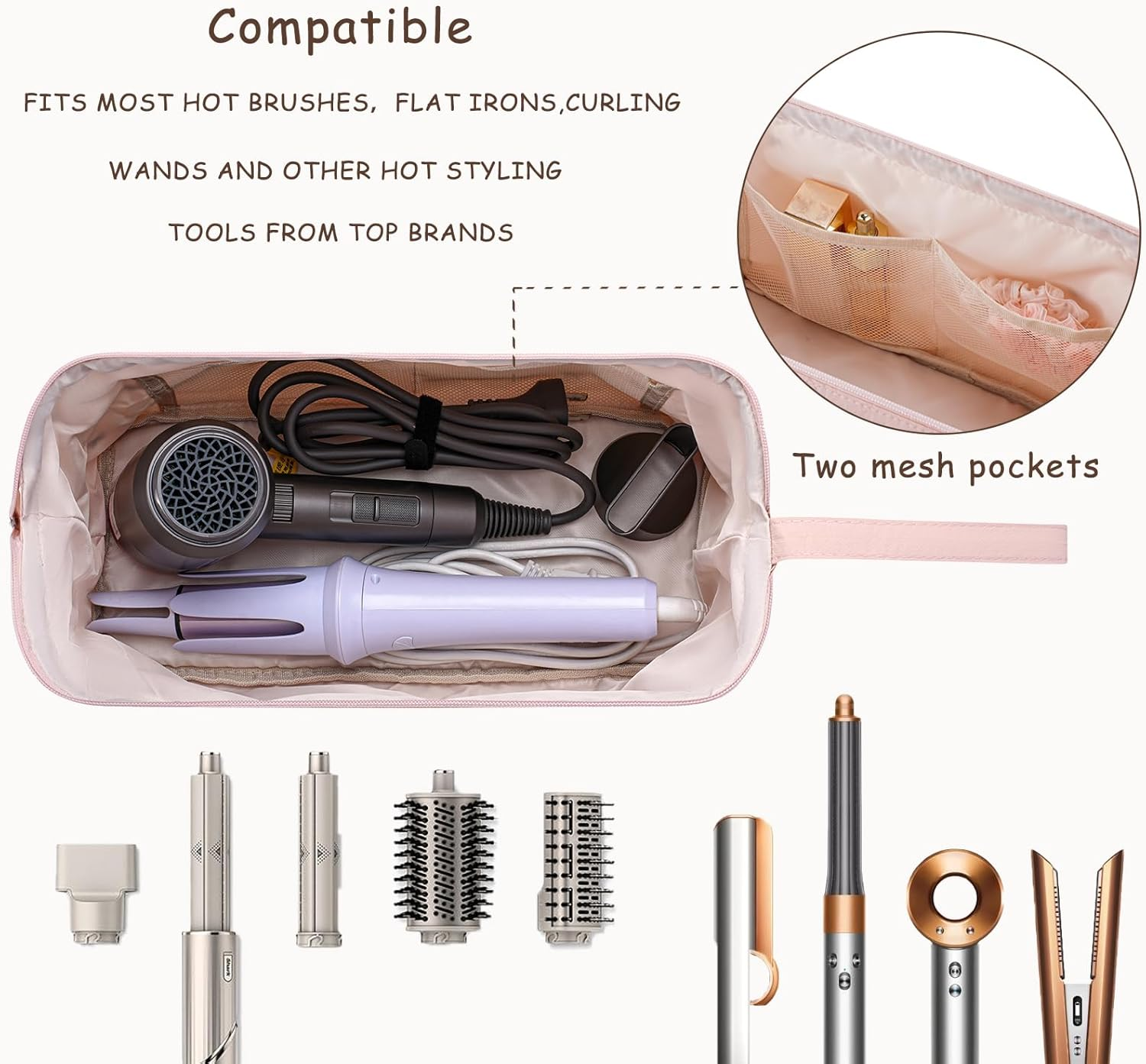 RSRSLEII Large Quilted Hair Tools Travel Bag with Bow Pattern,Waterproof Hair Styling Accessories Storage Case for Shark Flexstyle, Dyson Airwrap Hair Dryer, Curling Iron, Revlon Hair Tools, 03Beige image number 2