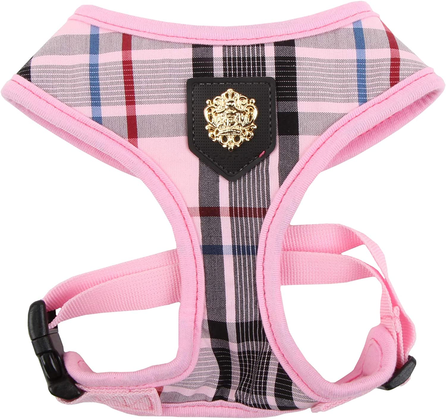 Puppia Junior Over-The-Head Dog Harness Checkered Pattern No Choke No Pull Adjustable Chest Belt Walking Training for Small and Medium Dog, Medium, Beige