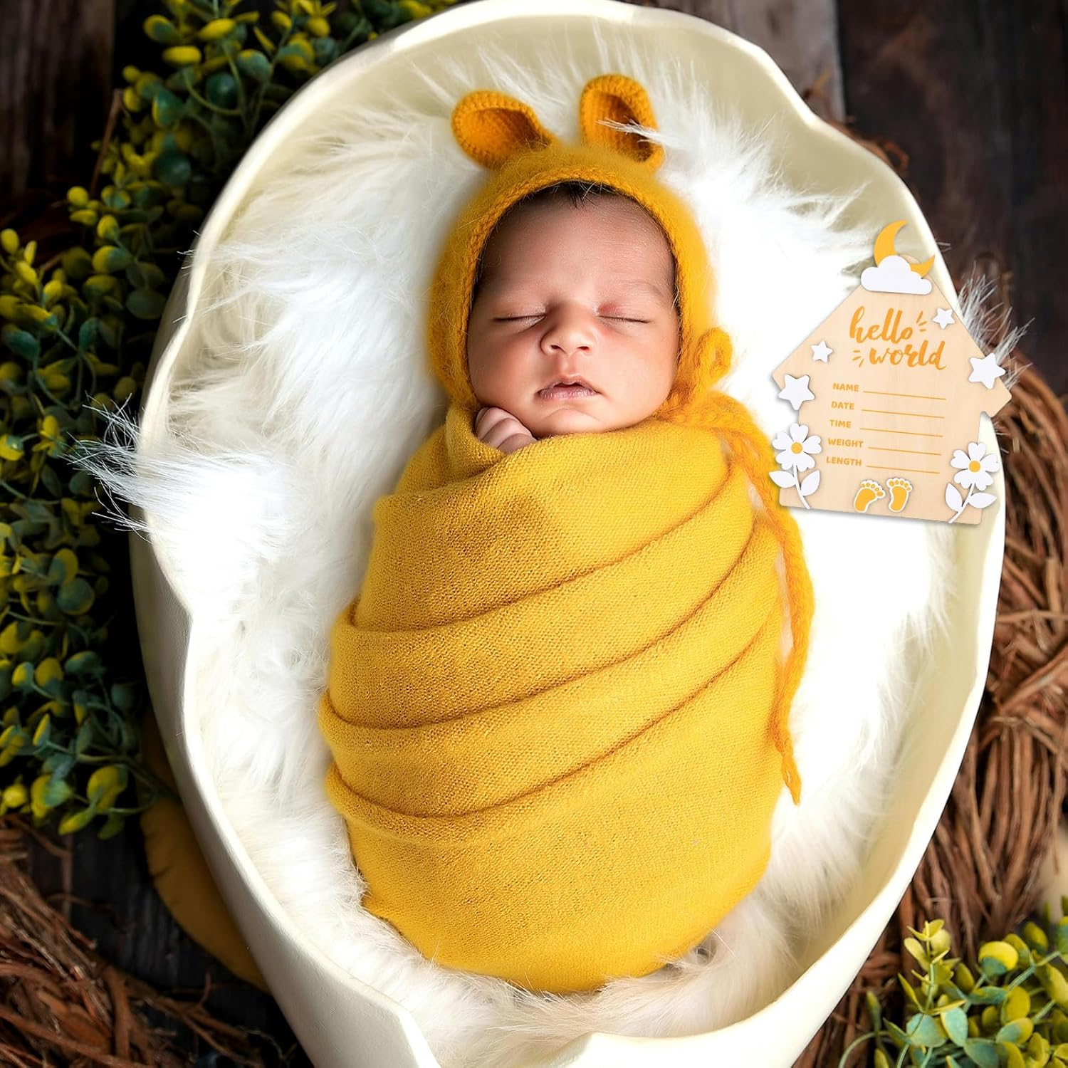 Newborn Birth Announcement Board, Large 7 Inch Hello World Newborn Sign for New Born Baby Welcome Wooden Baby Announcement Plaque Hospital Home Record Board for Baby Gift image number 6