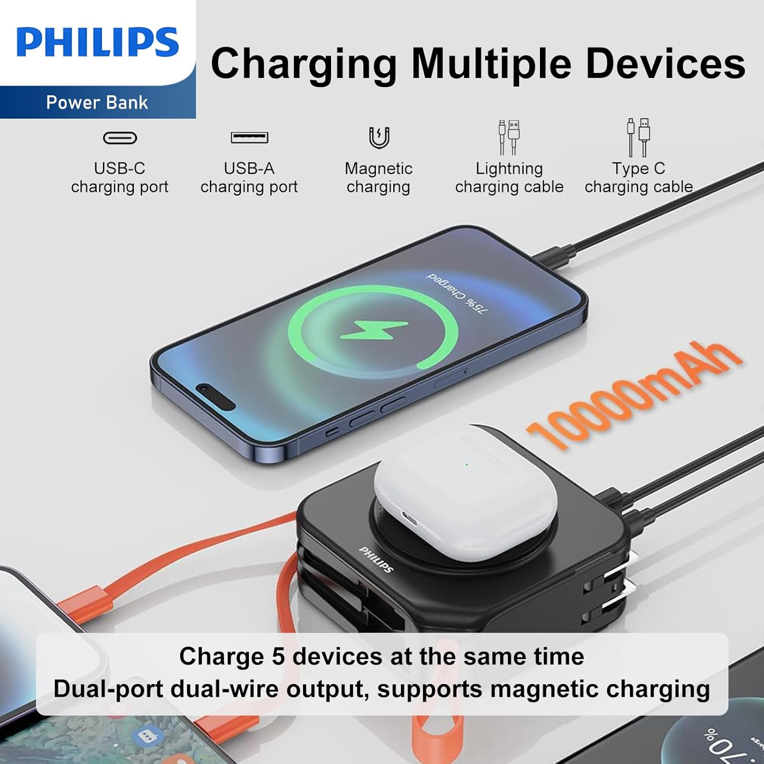 PHILIPS Power Bank Wireless 10000Mah 22.5W Powerbank Built-In Cable 10 in 1 Portable Battery Pack, Magnetic Universal Travel Fast Charging Adapter (UK,EU,AU) Compatible with Magsafe Iphone 17 Air Mblk - 15000Mah Pink image number 7