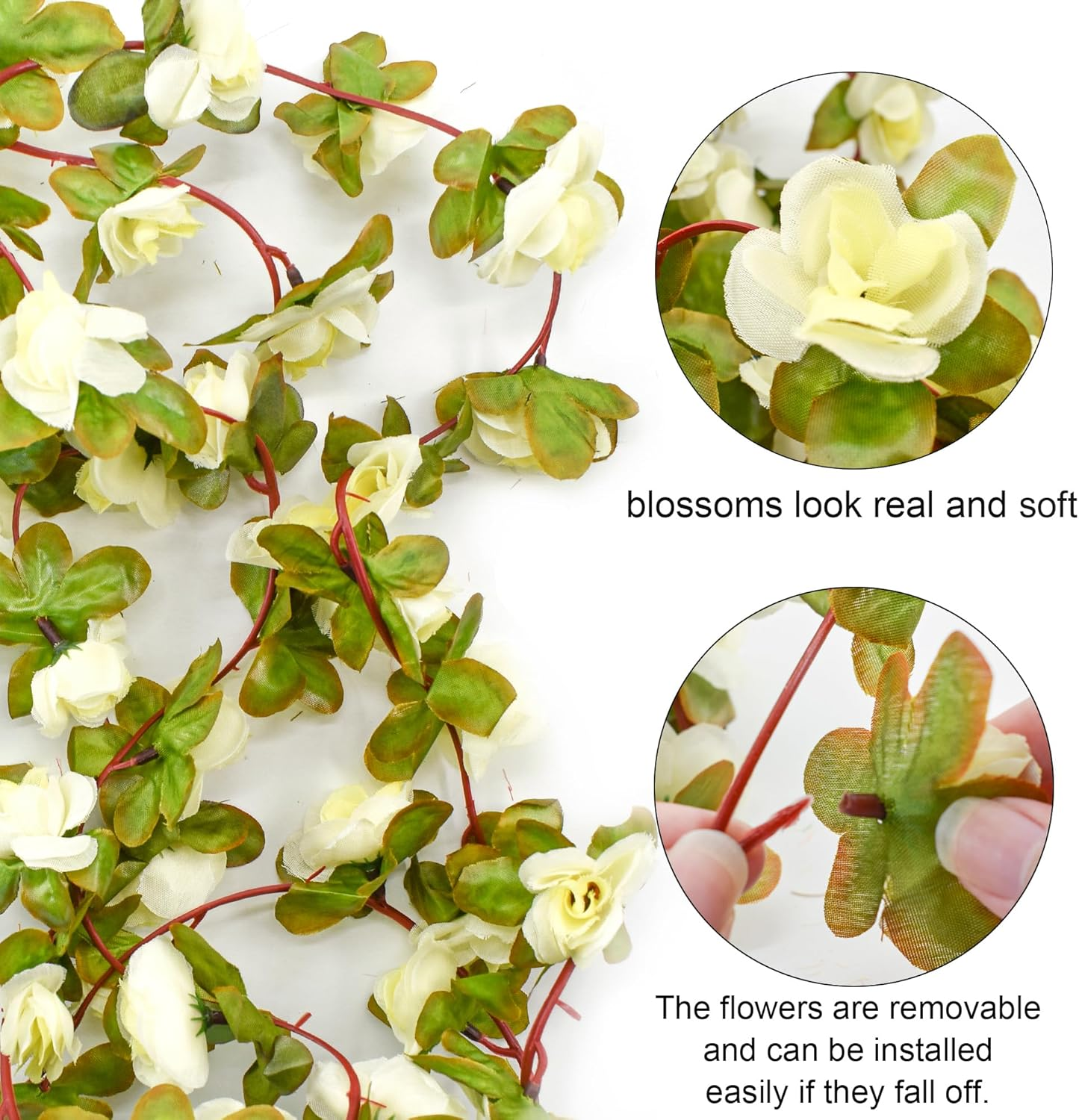 Bacucine 6PCS Artificial Flowers Garland Fake Peony Vines Hanging Silk Floral Vine for Bedroom Wedding Home Office Wall Garden Craft Decor (White) - Spring White image number 6