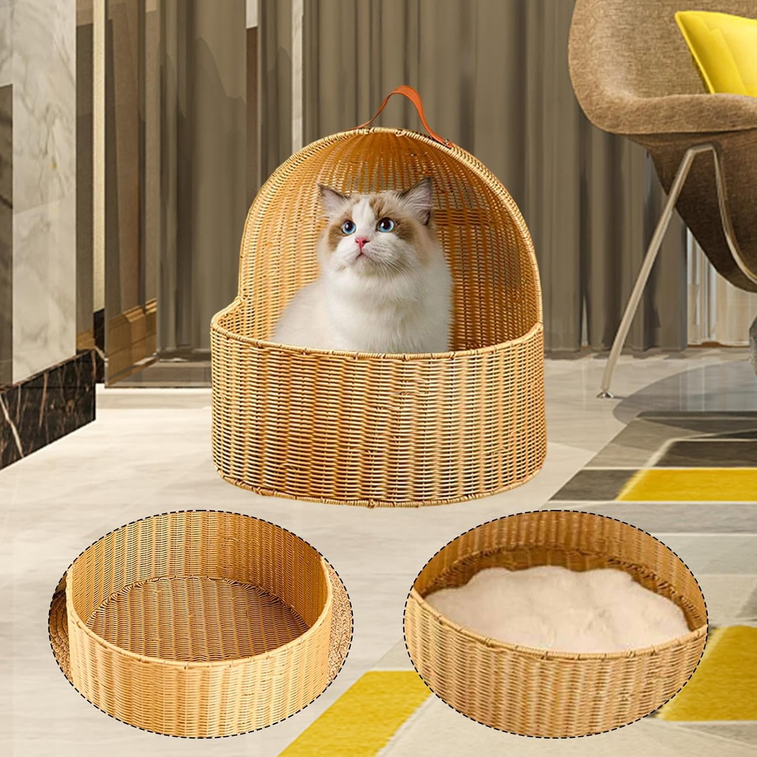 Fewnvwa Imitation Rattan Cat Bed, Hideaway, Comfortable Nest, Semi-Enclosed Pet Bed, Cat House for Small Dogs, Kittens, Puppies, Kittens, Yellow