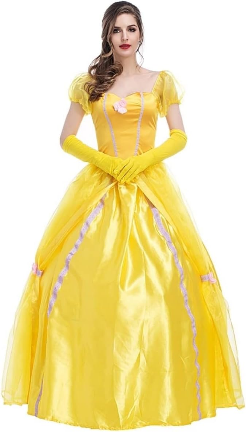 Costume Bay Womens Yellow Princess Dress Costume Satin Dress Gloves Halloween Cosplay Fantasy Ball Gown Yellow Royal Elegant Outfit Set