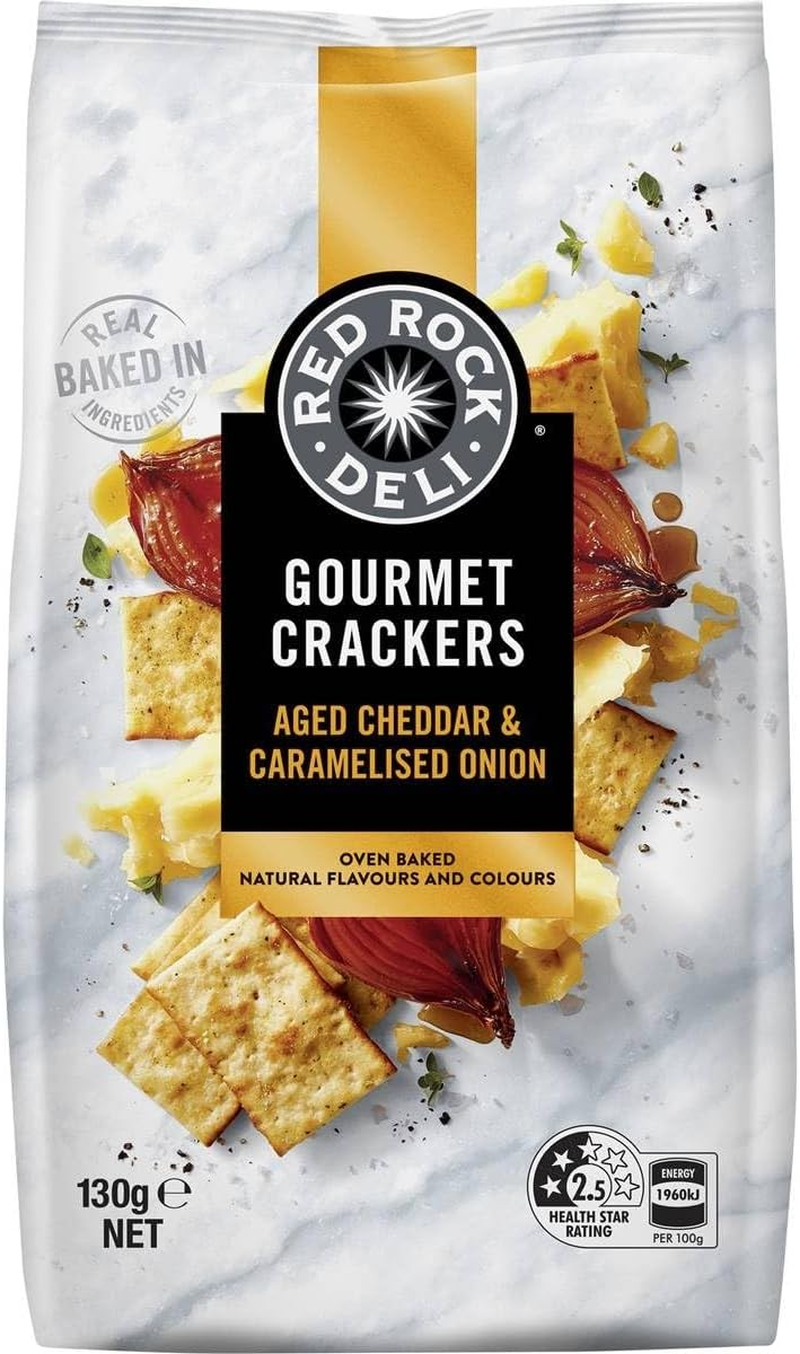 Red Rock Deli Aged Cheddar and Caramelised Onion Flavoured Gourmet Crackers 130 G
