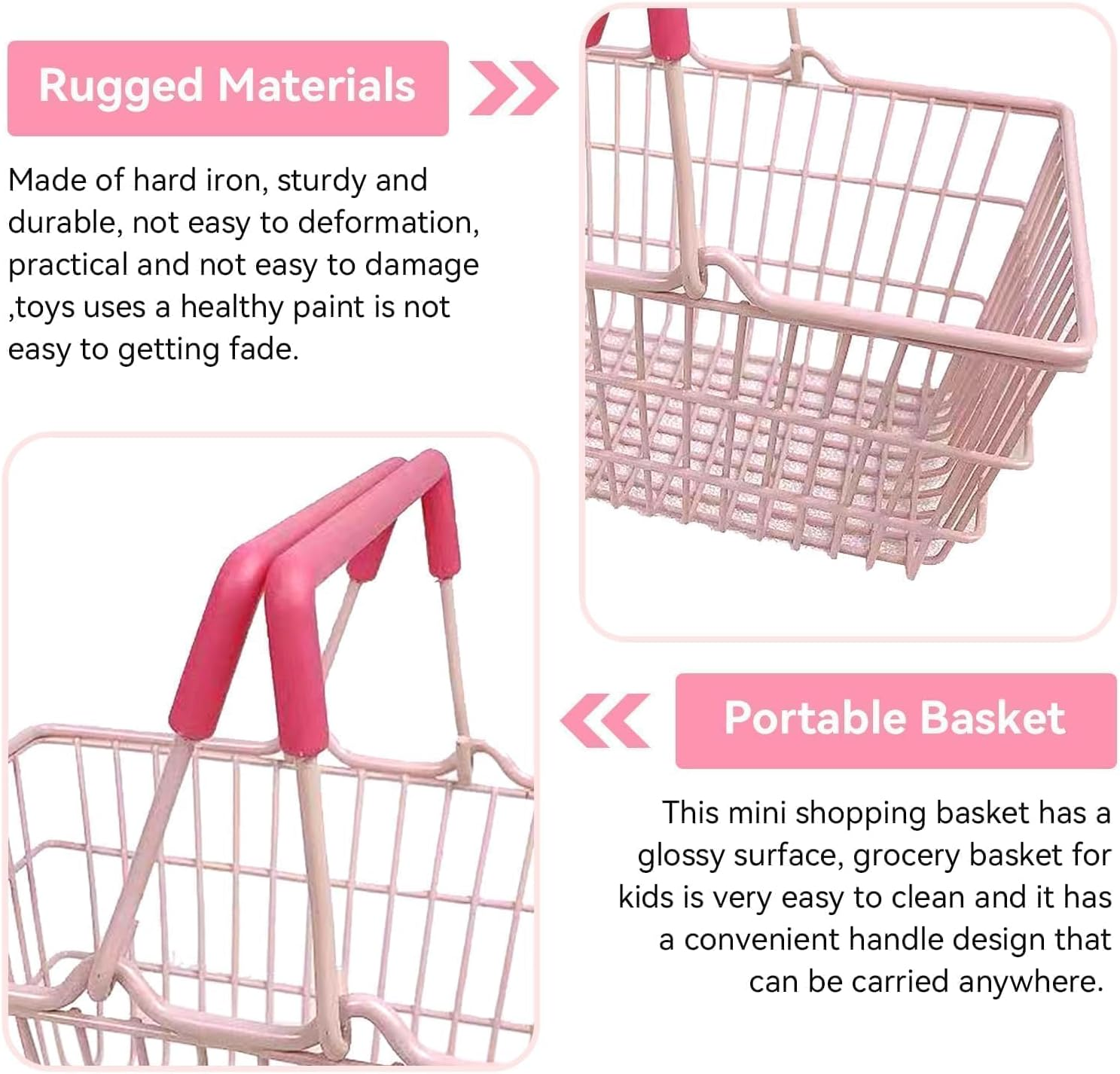 Cyrank Mini Pink Shopping Basket for Kids, Portable Iron Storage Basket with Handles, Good Decoration for Home image number 6