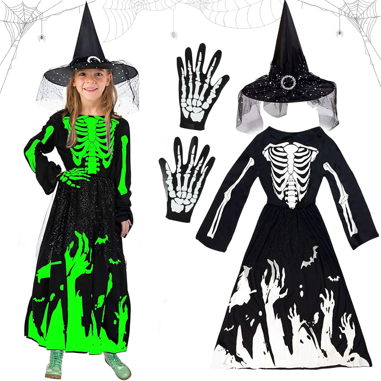 Giugio Witch Costume Girls, Princess Skeleton Costume Children Girls, Halloween Skeleton Costume with Skeleton Gloves and Witch Hat, Witch Costume Vampire Costume Child Witch Costume for Carnival image number 1