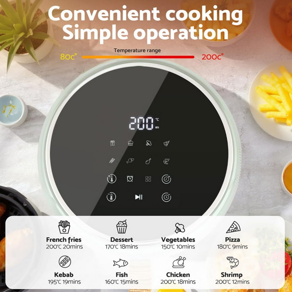 Devanti Air Fryer, 5L Pan 1500W Stainless Steel Airfryer Electric Cooker Airfryers Deep Fryers Rack Silicone Baking Basket Kitchen Oven Household Small Kitchens Appliances, LCD Touch Control Panel image number 2