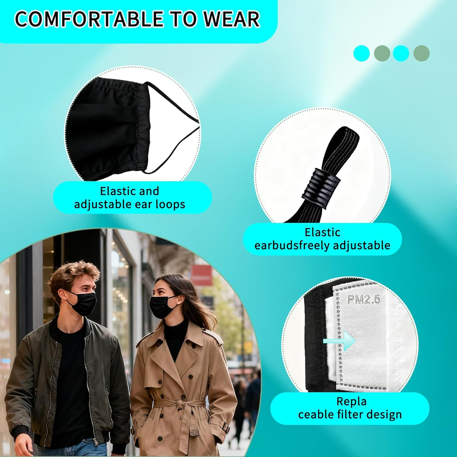 12 Piece Set of Black Cotton Face Masks with Carbon Filters Reusable Breathable Dust Masks for Daily Use, Black Face Masks, Daily Dust Masks, Non - Disposable Face Masks image number 2