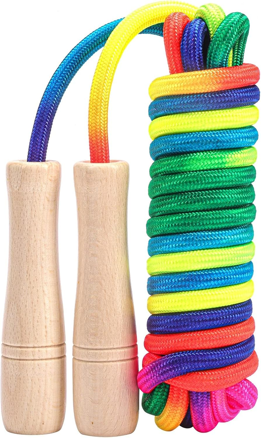 Double Dutch Long Jump Rope for Kids,16Ft Skipping Rope for Kids Adults, Rainbow Jumping Rope for Multiplayer with Wooden Handle for Outdoor Fun, School Sport, Party Game