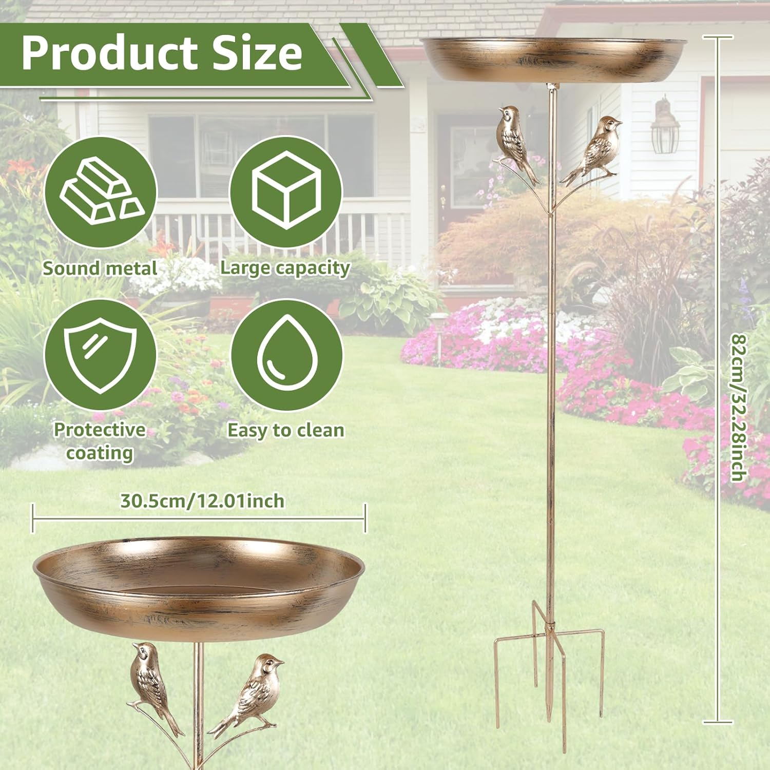 Iron Feeding Bird Bath Spike with 5 Pronged Base, Decorative Rust Resistant Bird Feeder Standing Bath for Outdoor Garden Patio Yard Lawn (Bird) - Bird image number 2