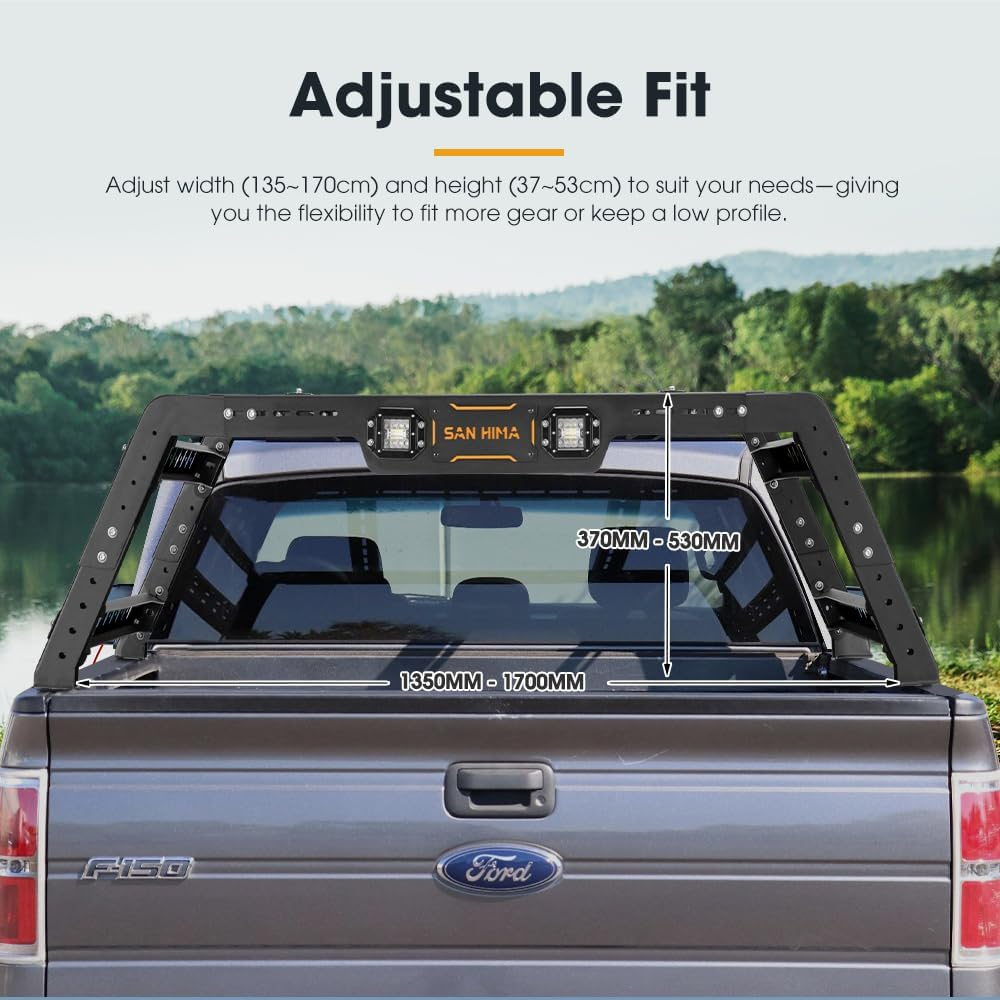 SAN HIMA Overland Bed Rack - 1110-1765MM Width Adjustable Truck Bed Rack with Pair LED Auxiliary Lights, for Universal Pickup Trucks UTE, 300KG Load Capacity image number 3