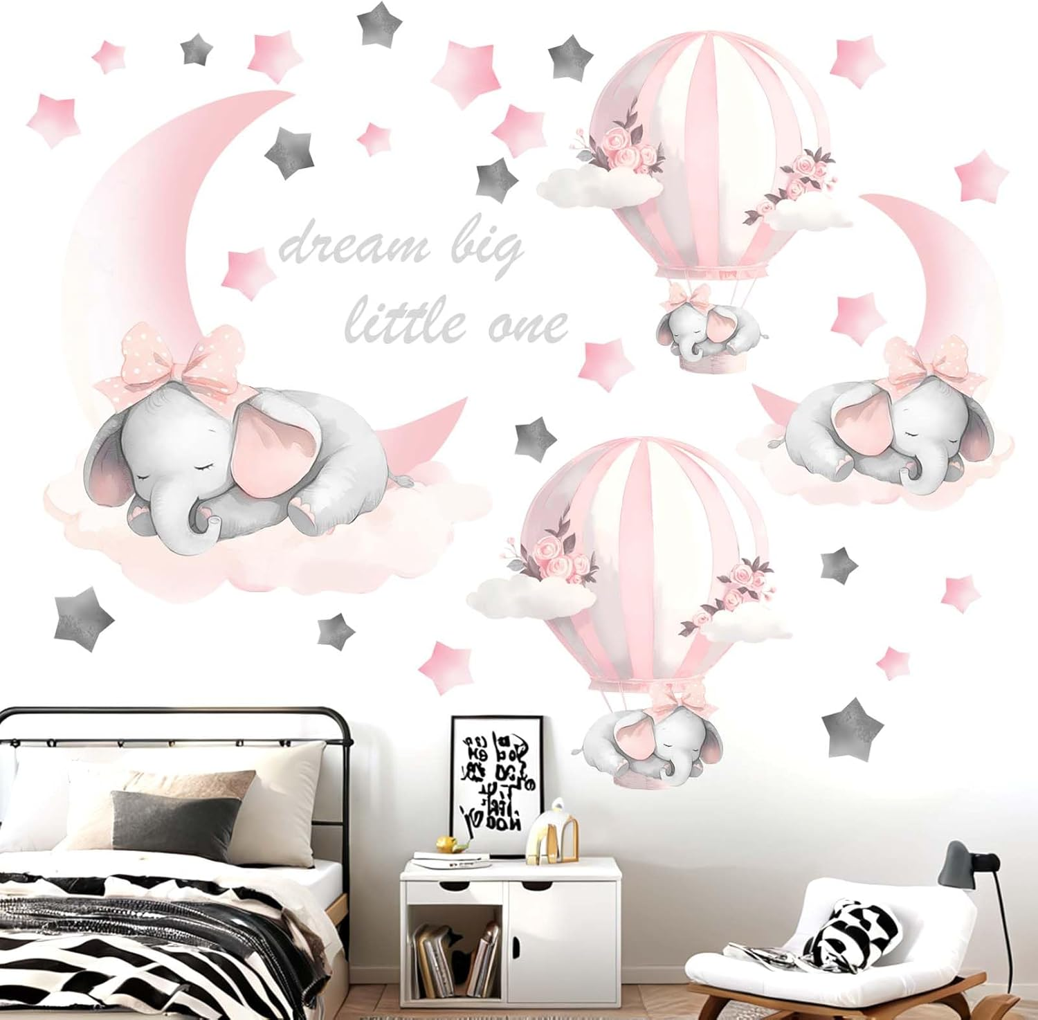 Elephant Balloon Wall Stickers for Nursery: Baby Kids Girls Boys Bedroom Wall Decals - Pink Hot Air Balloon Moon Stars Dream Big Little One image number 3