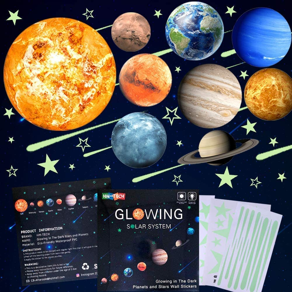 Glow in the Dark Stars and Planets, Bright Solar System Wall Stickers -Sun Earth Mars,Stars,Shooting Stars and so On,9 Glowing Ceiling Decals for Bedroom Living Room,Shining Space Decoration for Kids