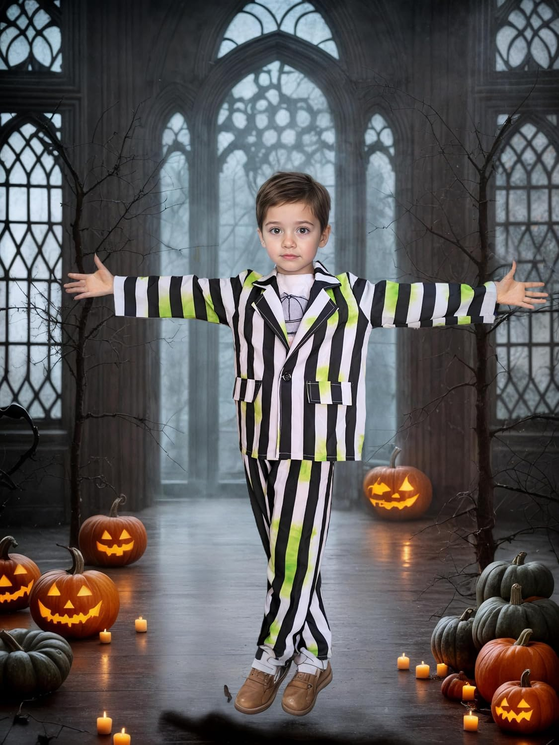 Beetlejuice Costume Kids Black and White Striped Suit Halloween Costumes Jacket Pants