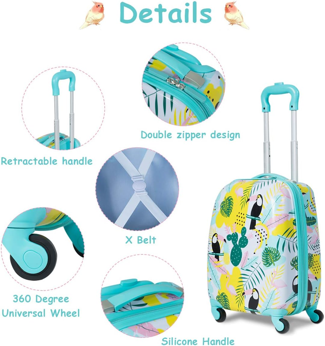 2PCS Kids Luggage Set Carry on with Spinner Wheels & Cute Flamingo Pattern, Adjustable Trolley Rod Height & Backpack Shoulder Strap, Kids Luggage Set Made of ABS, Polycarbonate & Nylon Material image number 1