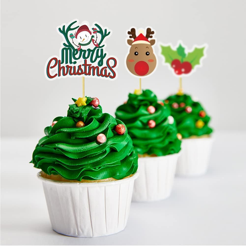 Christmas Cake Toppers - Merry Christmas Tree, Snowman, Santa, Snowflake, Cupcake Toppers & Food Inserts - 15 Pcs image number 3
